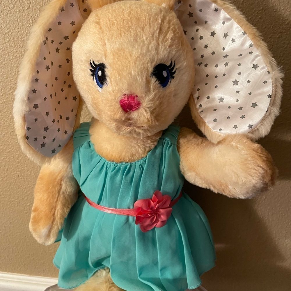 Build a Bear Plush Bunny Star Print Ears and Feet Teal Dress 18 inch